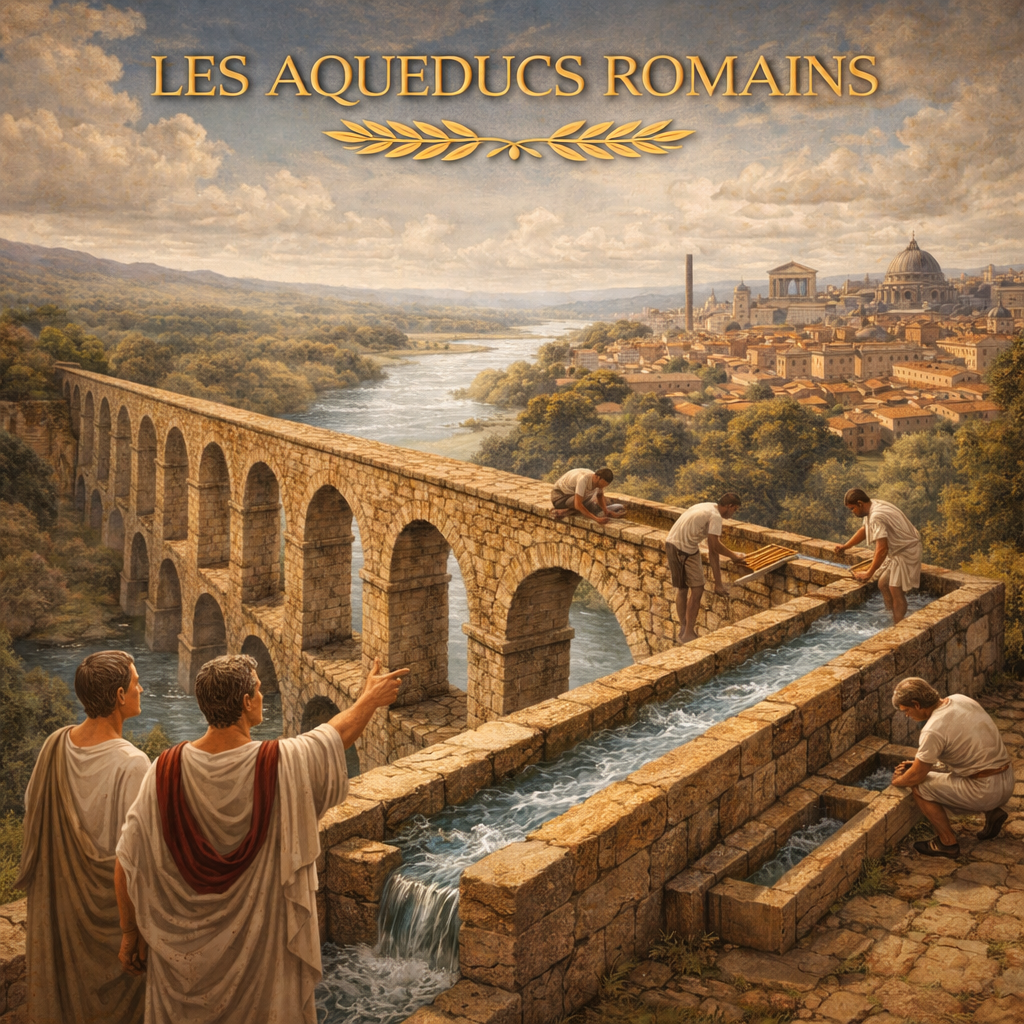 Aqueduc romain transportant l’eau vers une ville antique avec arches en pierre – fiche histoire 6e Studia Regia