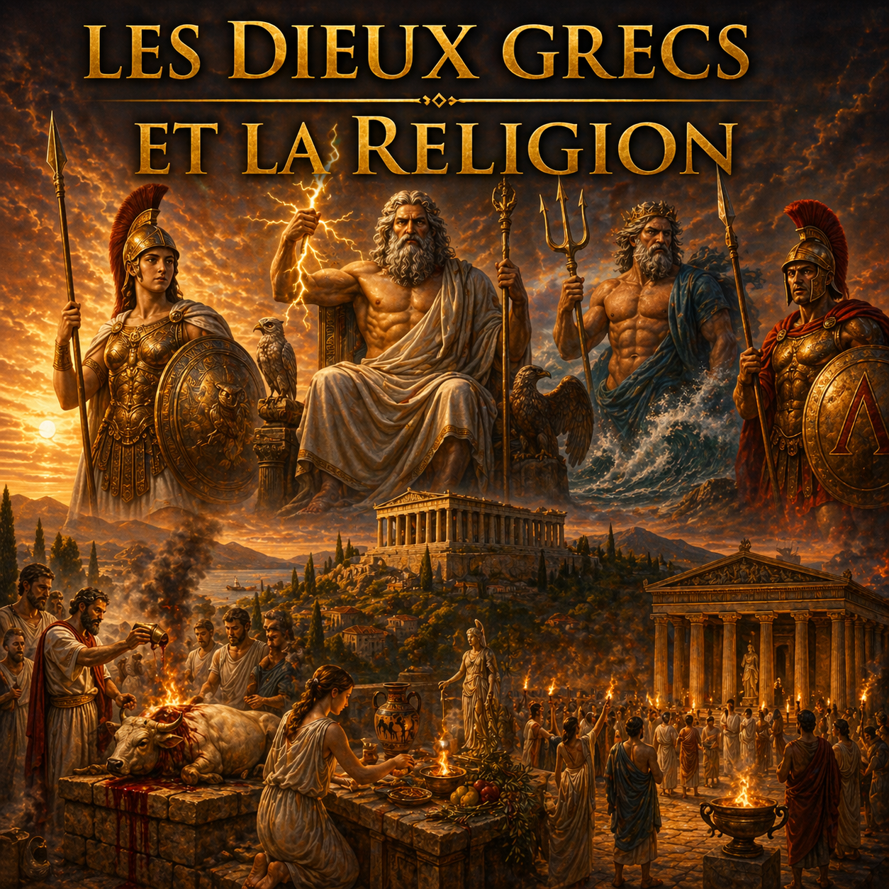 Dieux grecs Zeus Athéna Poséidon avec rituels religieux et temple antique, religion grecque, fiche histoire 6e