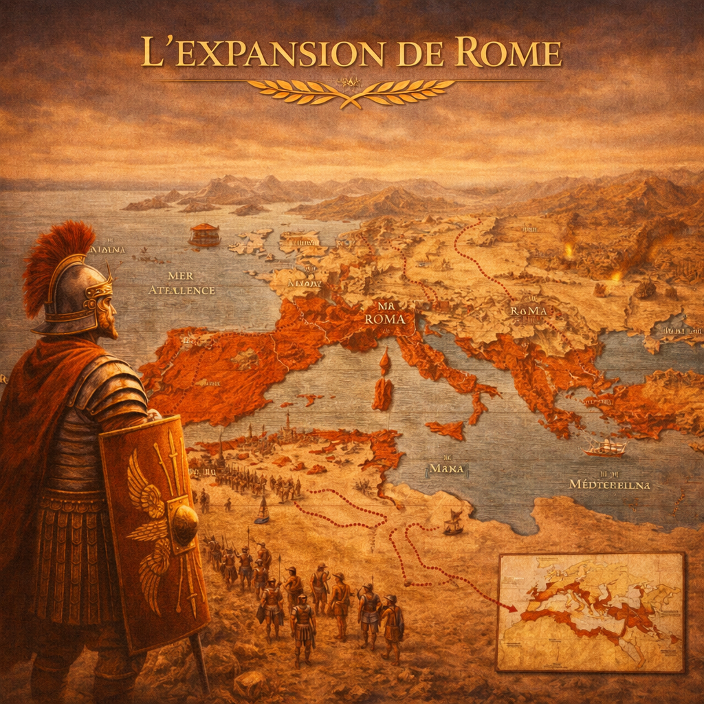 Carte de l’expansion de Rome autour de la Méditerranée avec territoires conquis – fiche histoire 6e Studia Regia