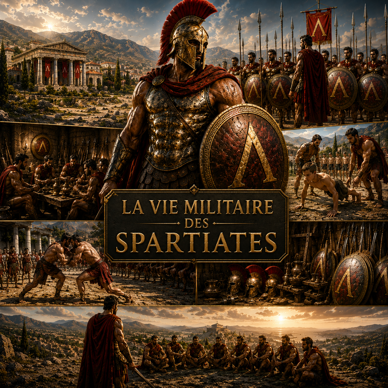 Visuel immersif sur la vie militaire des Spartiates avec soldats spartiates, entraînement, discipline et vie collective dans la Grèce antique style Studia Regia.