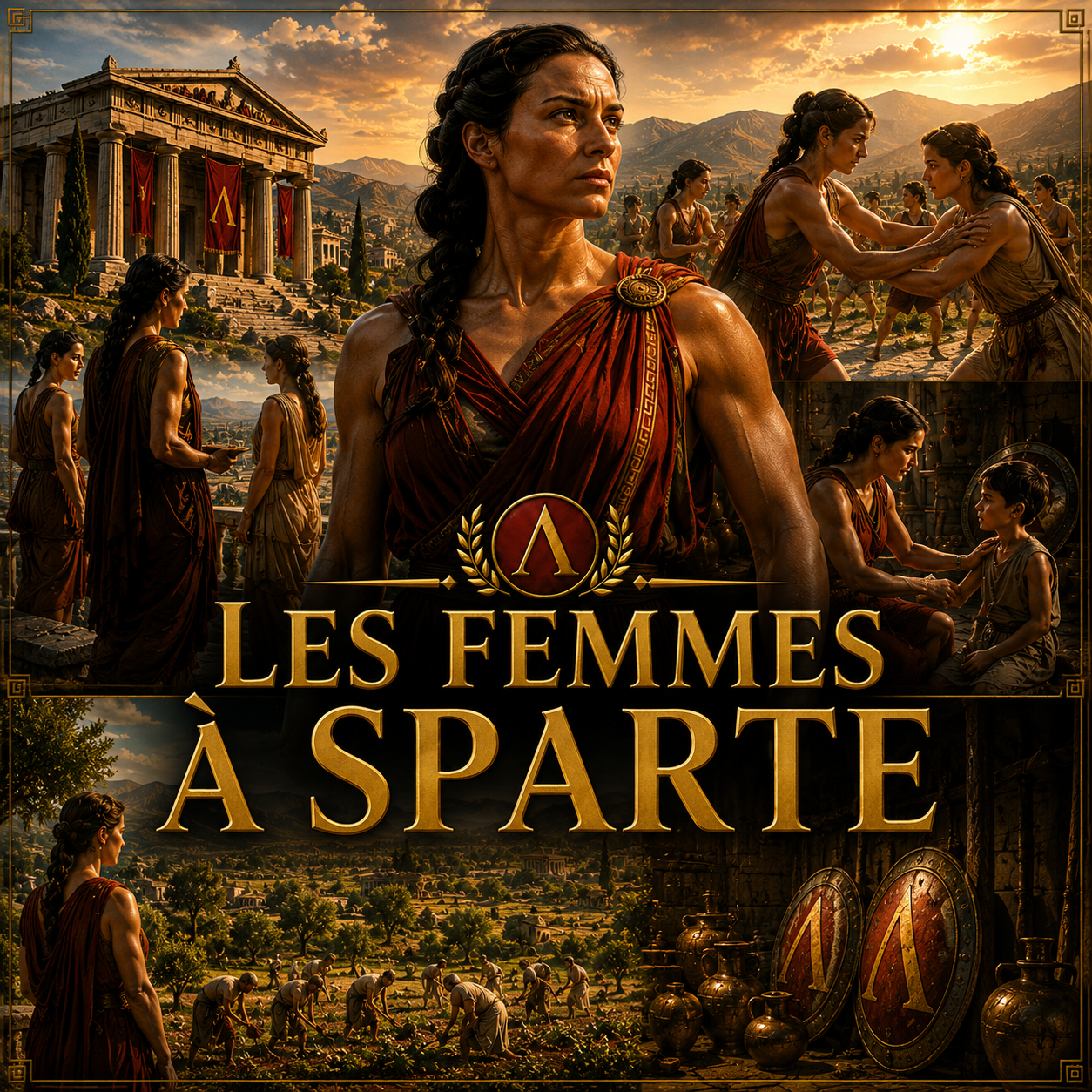 Visuel immersif sur les femmes à Sparte avec femmes spartiates, éducation physique et vie dans la société spartiate de la Grèce antique style Studia Regia.