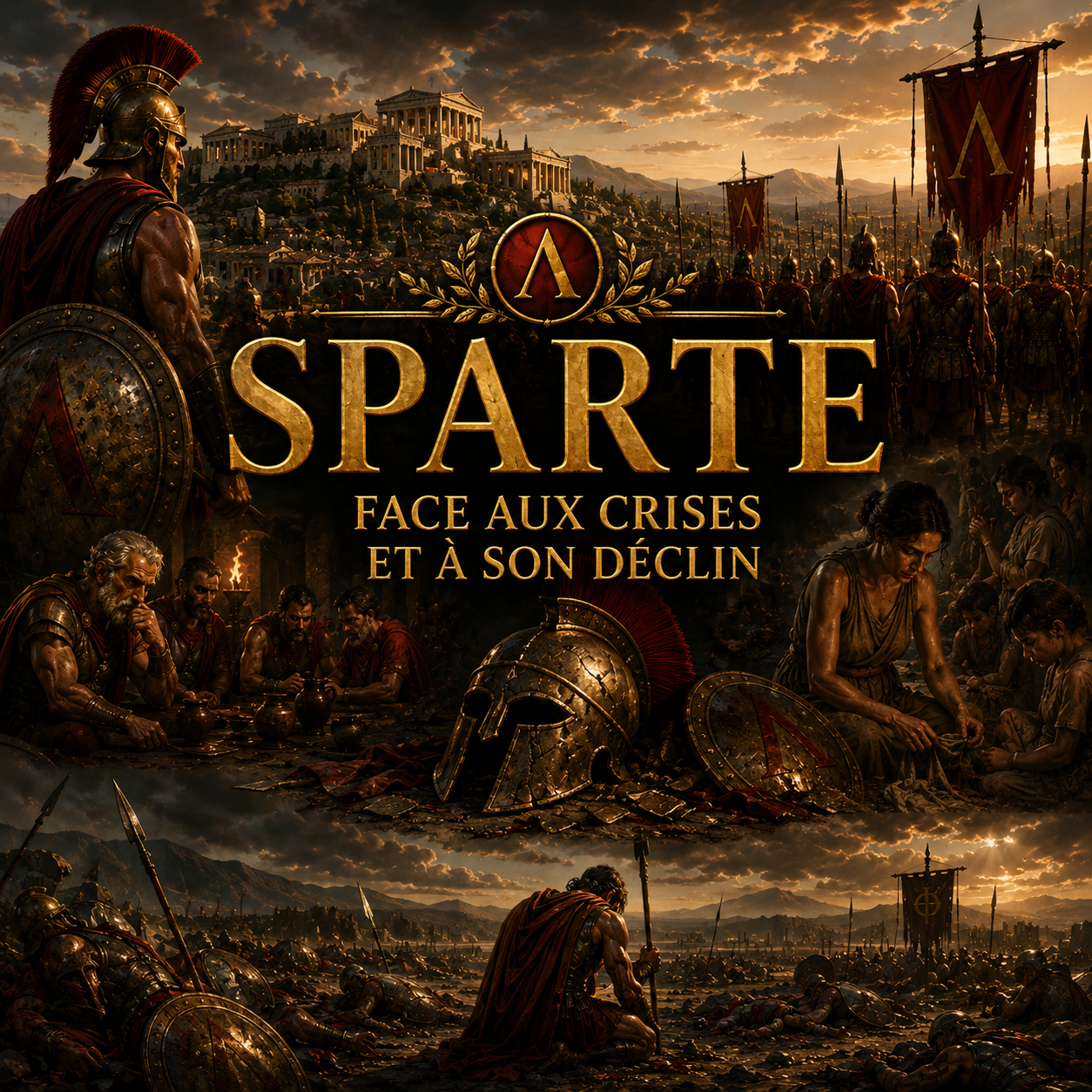 Visuel immersif sur le déclin de Sparte avec soldats spartiates, bataille de Leuctres et crise de la cité spartiate dans la Grèce antique style Studia Regia.