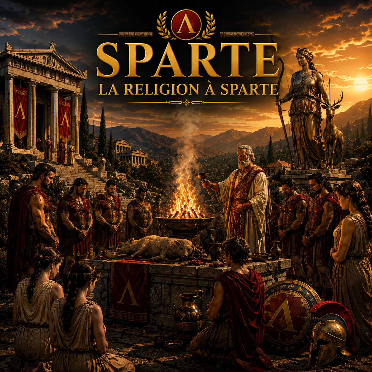 religion à Sparte avec prêtres, sacrifices, dieux grecs et cérémonies religieuses dans la Grèce antique style Studia Regia.