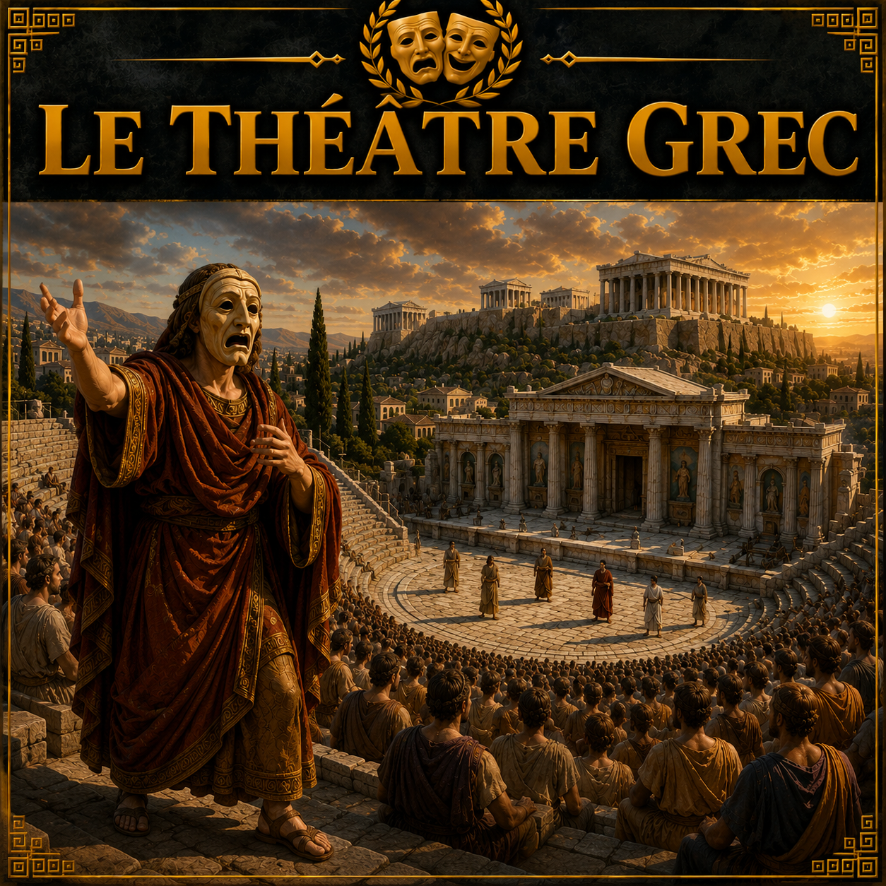 théâtre grec avec tragédie, comédie, acteurs et grand théâtre antique dans la Grèce antique style Studia Regia.