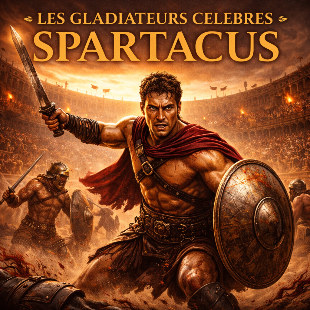 Spartacus gladiateur célèbre dans une arène romaine avec bouclier et glaive, combat de gladiateurs scène antique