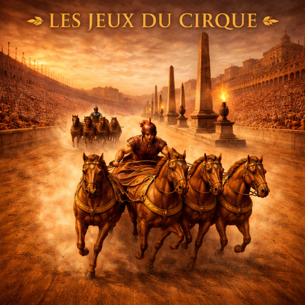 Course de chars romains au Circus Maximus avec quadrige à quatre chevaux et second coureur en arrière-plan, scène antique réaliste et immersive