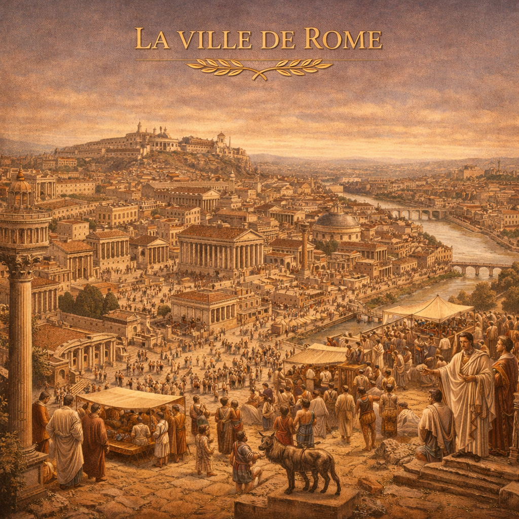 Vue de la ville de Rome antique avec forum, marché animé et habitants – fiche histoire 6e Studia Regia