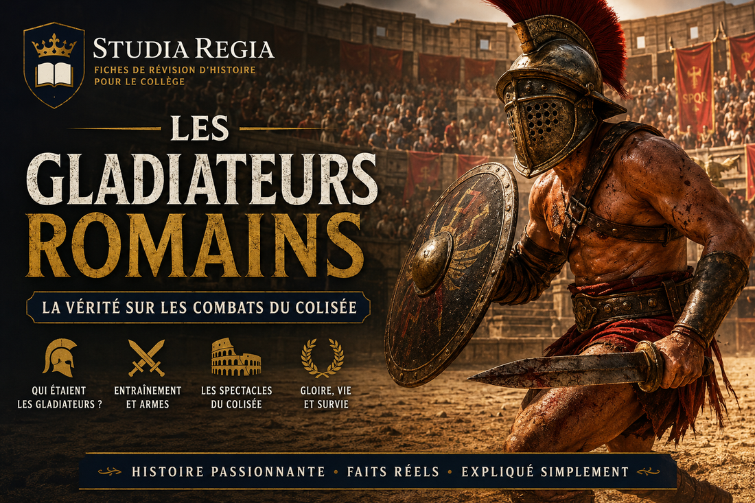 Gladiateur romain dans le Colisée de Rome pendant un combat spectaculaire, affiche immersive Studia Regia sur les gladiateurs romains et les combats de l’Empire romain antique.