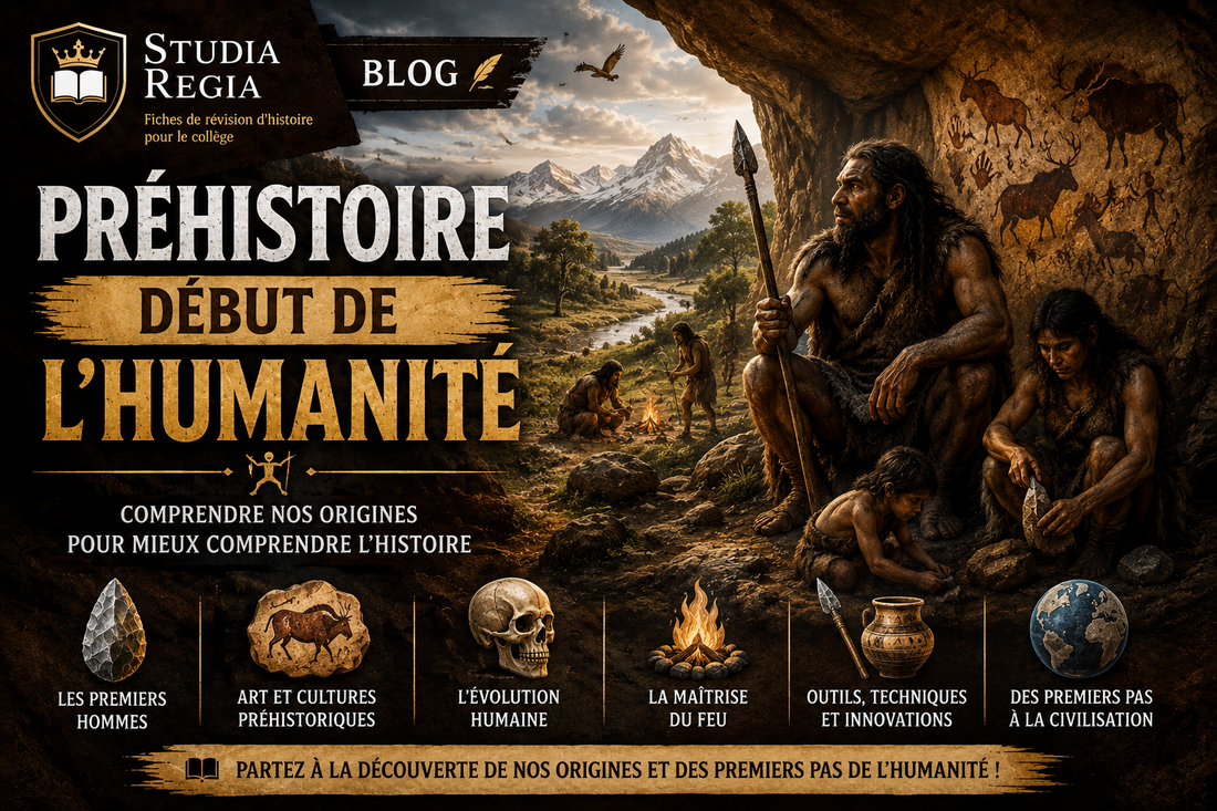 Affiche de blog historique sur la Préhistoire montrant des hommes préhistoriques dans une grotte avec peintures rupestres, feu, outils et paysages sauvages dans un style cinéma ultra-réaliste.