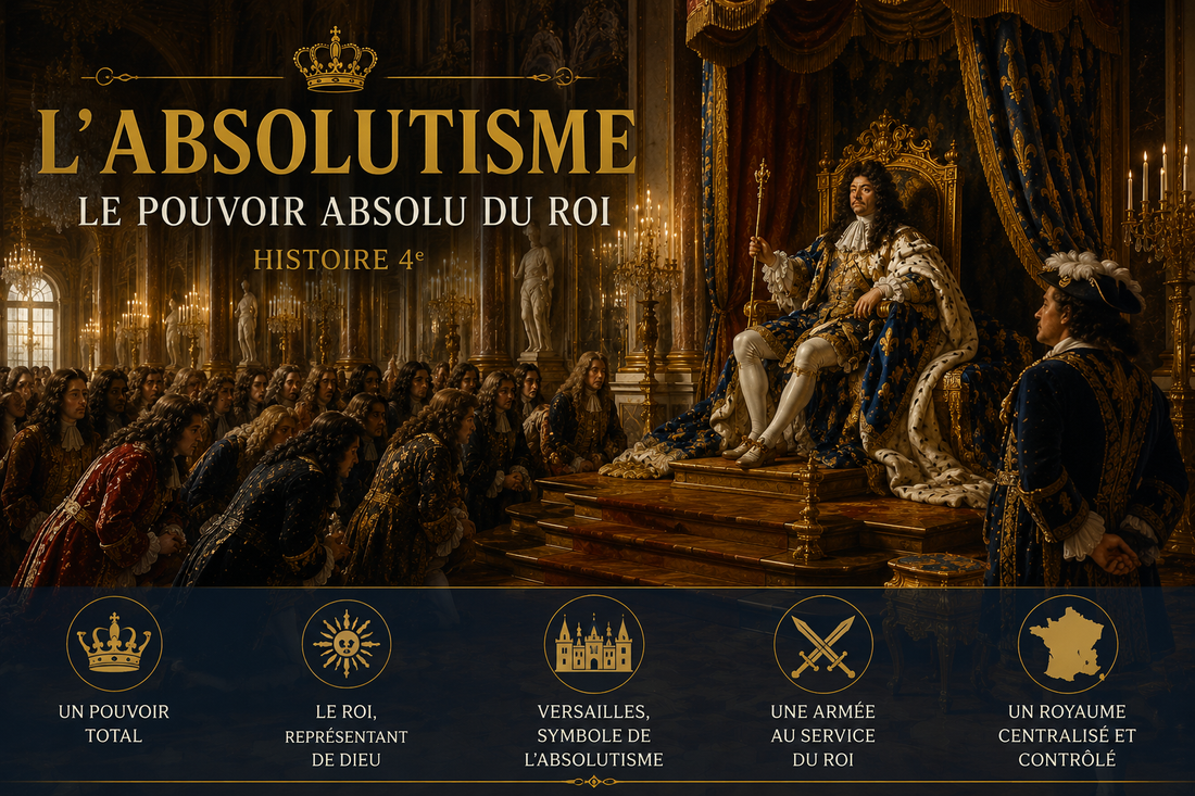 Louis XIV exerçant son pouvoir absolu à Versailles devant la noblesse française, illustration de la monarchie absolue sous l'Ancien Régime.