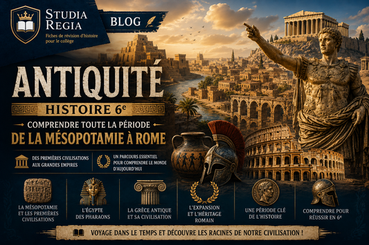 Affiche de blog historique sur l’Antiquité montrant la Mésopotamie, l’Égypte, la Grèce antique et Rome avec temples, statue romaine, Colisée et artefacts antiques dans un style cinéma ultra-réaliste.