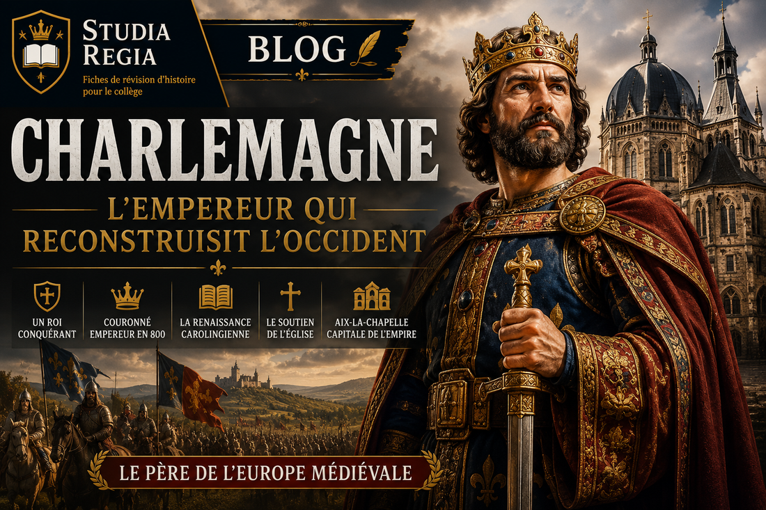 Charlemagne en tenue impériale devant la chapelle palatine d'Aix-la-Chapelle, symbole de l'Empire carolingien et de la renaissance de l'Occident médiéval.