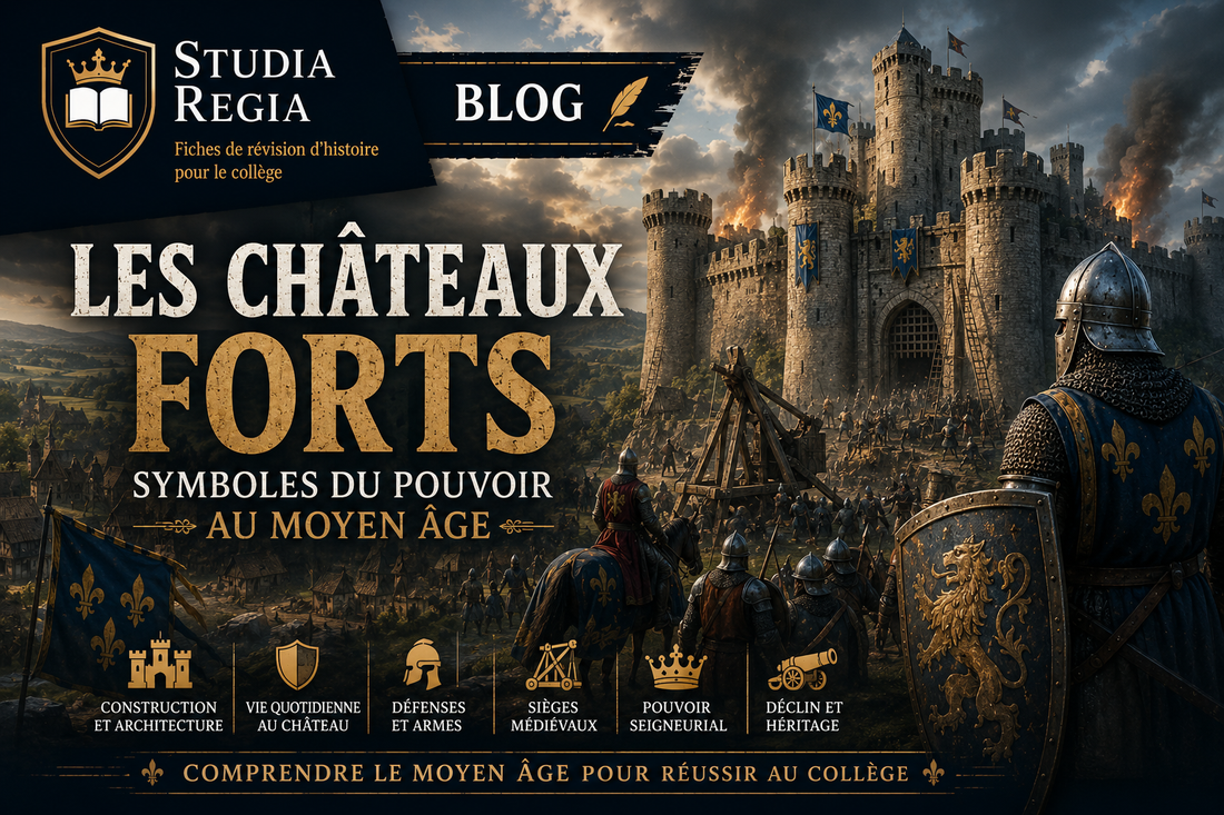 Château fort médiéval assiégé avec chevaliers, trébuchets et remparts illustrant le pouvoir des seigneurs au Moyen Âge.