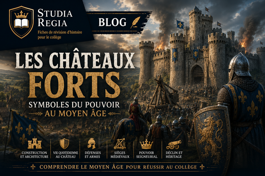 Château fort médiéval assiégé avec chevaliers, trébuchets et remparts illustrant le pouvoir des seigneurs au Moyen Âge.