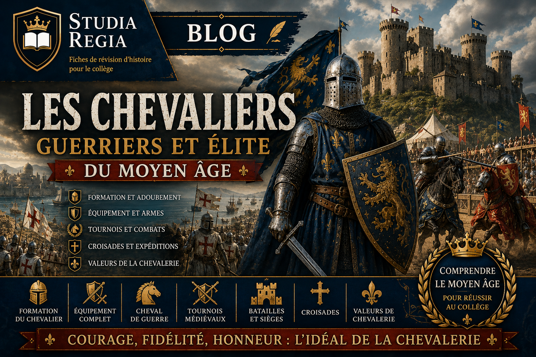 Chevaliers du Moyen Âge en armure devant un château fort, tournoi médiéval et croisades illustrant la chevalerie médiévale.