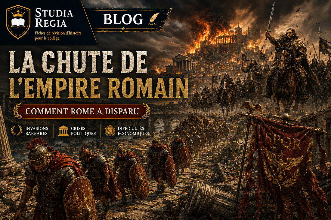 Légionnaires romains en retraite devant une Rome en flammes, tandis que des guerriers barbares avancent vers la ville lors de la chute de l'Empire romain.