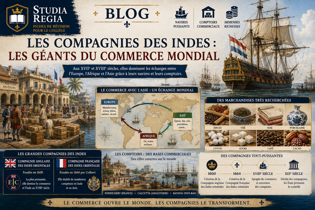 Navires des compagnies des Indes, comptoirs commerciaux en Asie et marchandises précieuses comme les épices, le thé, la soie et la porcelaine illustrant le commerce mondial aux XVIIe et XVIIIe siècles.