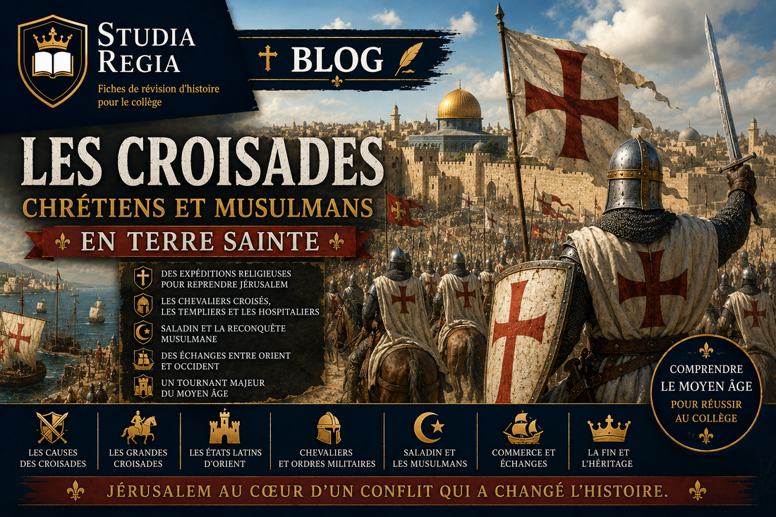 Chevaliers croisés devant Jérusalem lors des croisades, avec bannières chrétiennes, armures médiévales et Terre sainte au Moyen Âge.