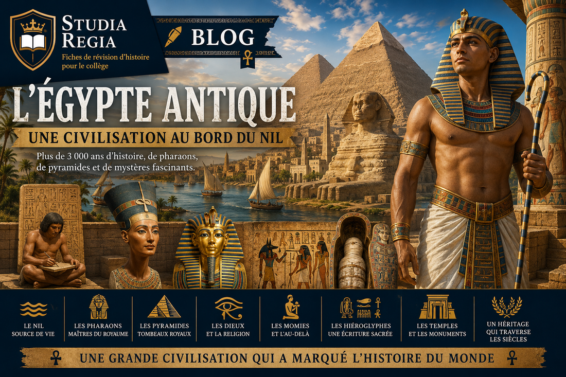 Égypte antique avec pyramides de Gizeh, pharaon, Sphinx, Nil, hiéroglyphes et trésors égyptiens illustrant la civilisation du Nil.