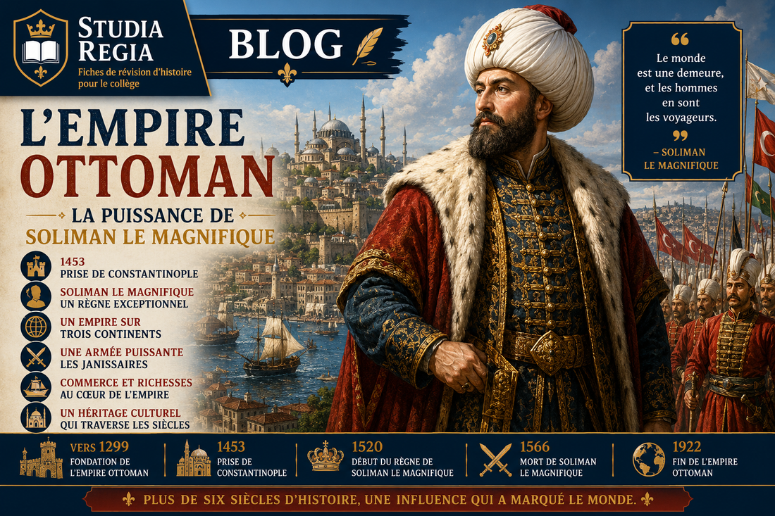 Soliman le Magnifique devant Istanbul et les monuments de l’Empire ottoman, entouré de janissaires et de navires marchands au XVIe siècle.