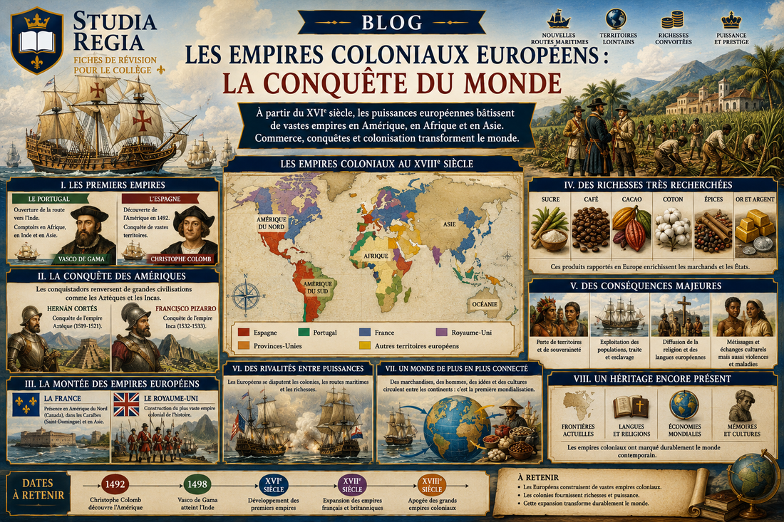Carte des empires coloniaux européens, navires d'exploration, conquistadors, colonies en Amérique, Afrique et Asie illustrant l'expansion coloniale européenne aux Temps modernes.