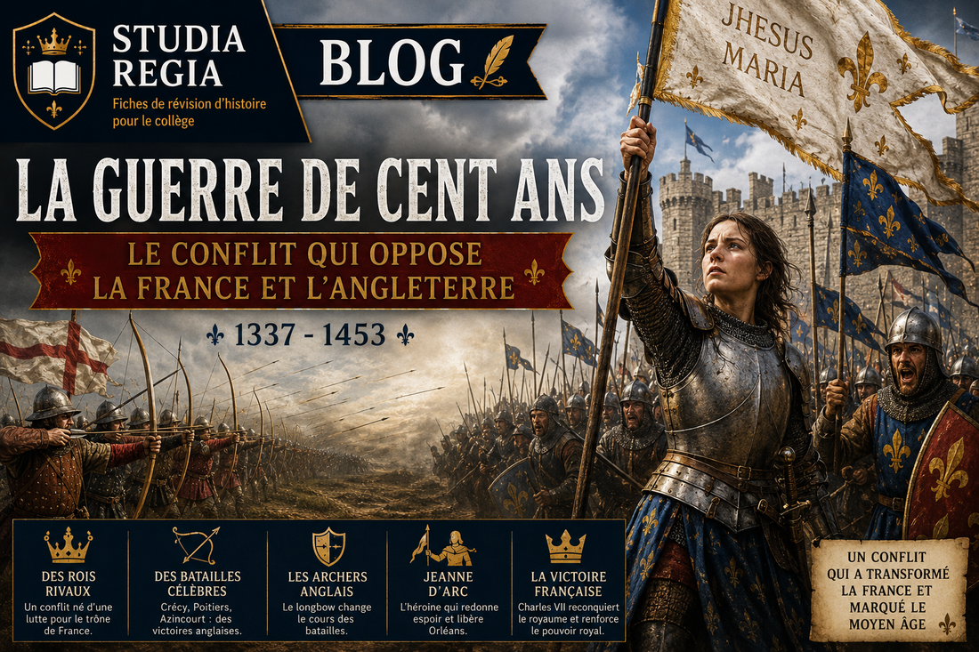 Jeanne d’Arc portant son étendard au milieu des armées françaises et anglaises pendant la Guerre de Cent Ans, devant une forteresse médiévale assiégée.