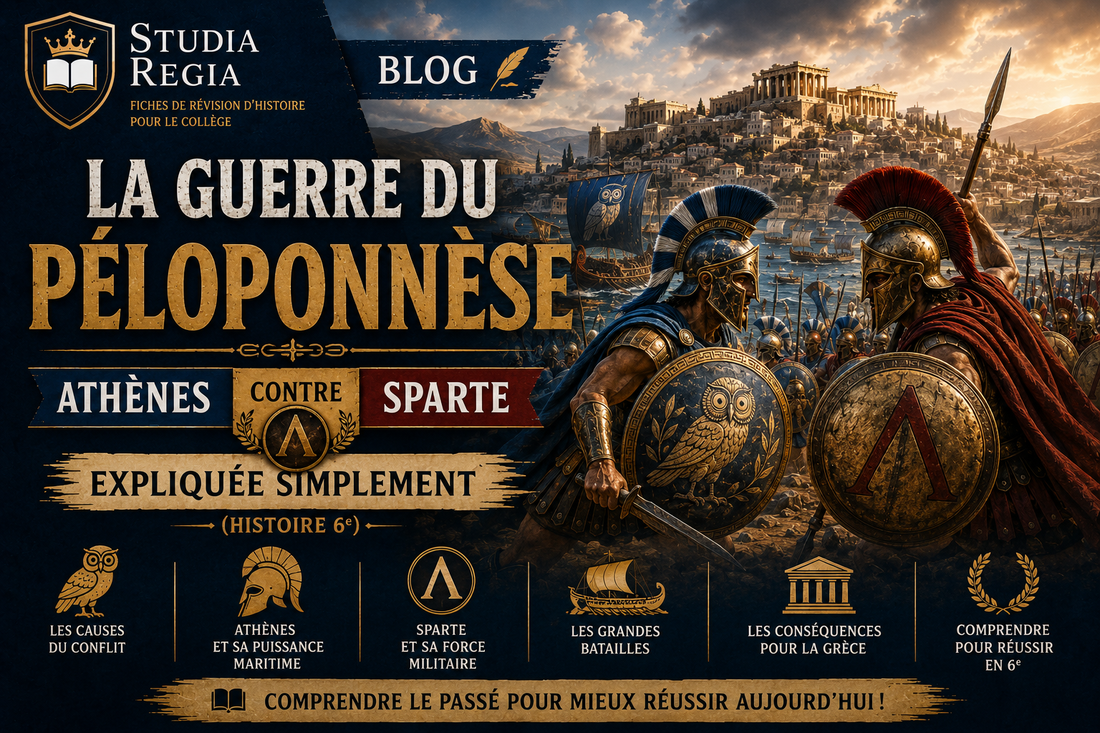 Affiche de blog historique sur la guerre du Péloponnèse montrant des hoplites d’Athènes et de Sparte face à face devant la Grèce antique et des navires grecs dans un style cinéma ultra-réaliste.