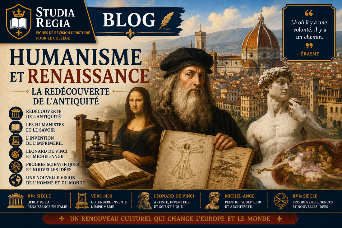 Léonard de Vinci au cœur de la Renaissance italienne, entouré d’œuvres d’art, de livres, d’une presse à imprimer et de monuments de Florence illustrant l’Humanisme et la redécouverte de l’Antiquité.