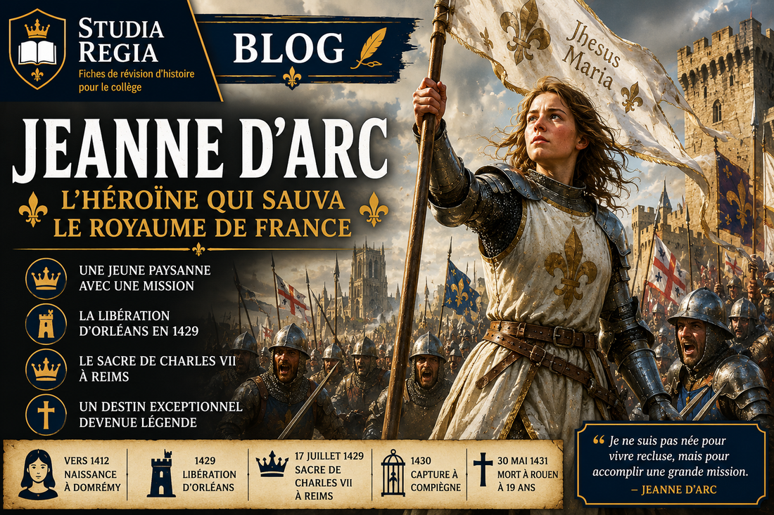 Jeanne d’Arc en armure portant son étendard devant les soldats français et les remparts d’Orléans pendant la Guerre de Cent Ans.