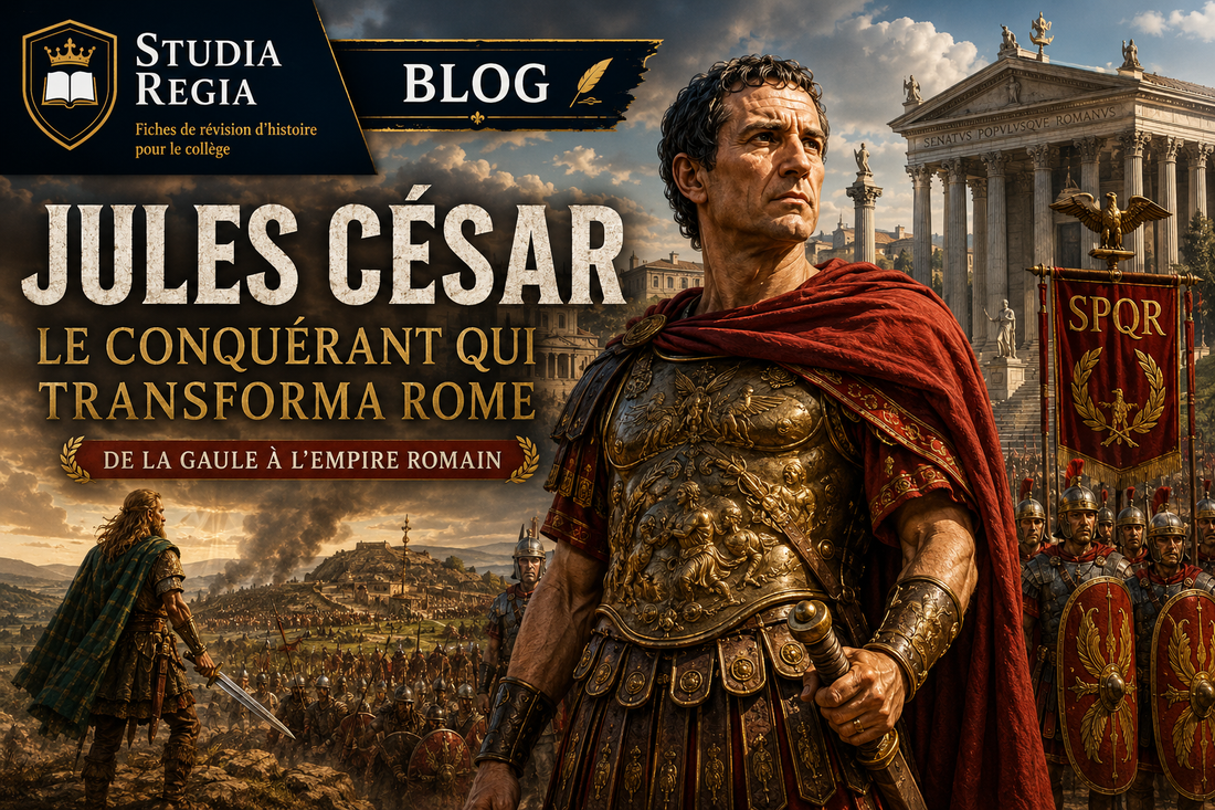 Jules César devant un Colisée complet et intact, entouré de légionnaires romains, symbolisant la conquête de la Gaule et la transformation de Rome antique.