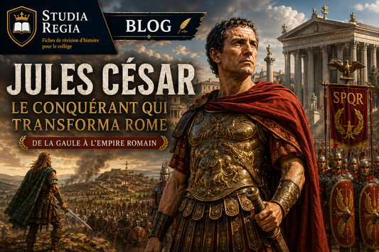 Jules César devant un Colisée complet et intact, entouré de légionnaires romains, symbolisant la conquête de la Gaule et la transformation de Rome antique.