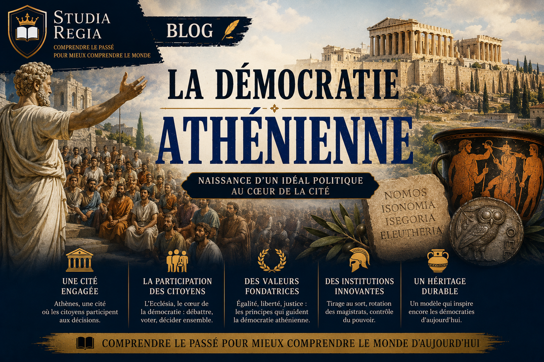 Affiche de blog historique sur la démocratie athénienne montrant citoyens grecs, agora d’Athènes, Acropole et symboles politiques antiques dans un style cinéma ultra-réaliste.
