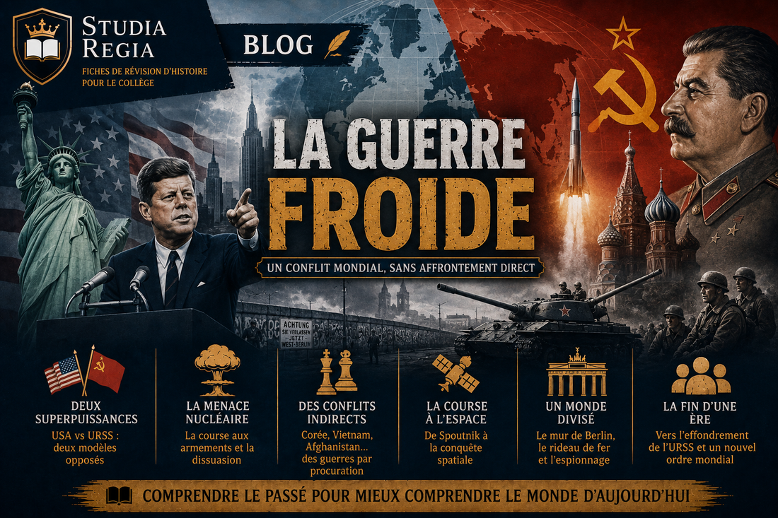 Affiche de blog historique sur la Guerre froide montrant les États-Unis et l’URSS avec Kennedy, Staline, missiles, chars, mur de Berlin et course à l’espace dans un style cinéma ultra-réaliste.