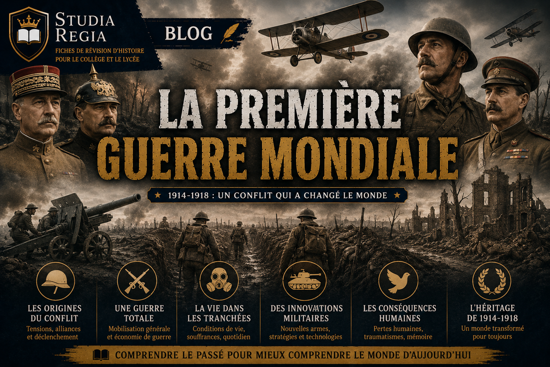 Affiche de blog historique sur la Première Guerre mondiale montrant soldats dans les tranchées, avions, artillerie et champs de bataille de 1914-1918 dans un style cinéma ultra-réaliste.