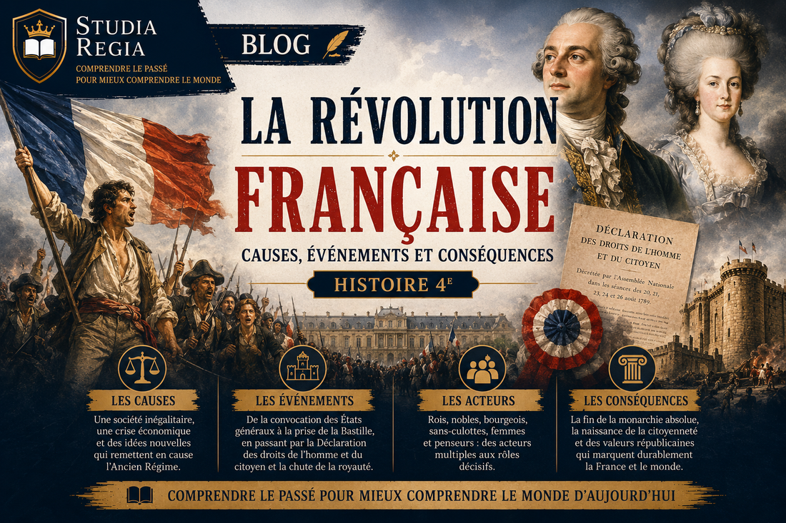 Affiche de blog historique sur la Révolution française montrant prise de la Bastille, drapeau français, Déclaration des droits de l’homme et personnages révolutionnaires dans un style cinéma ultra-réaliste.