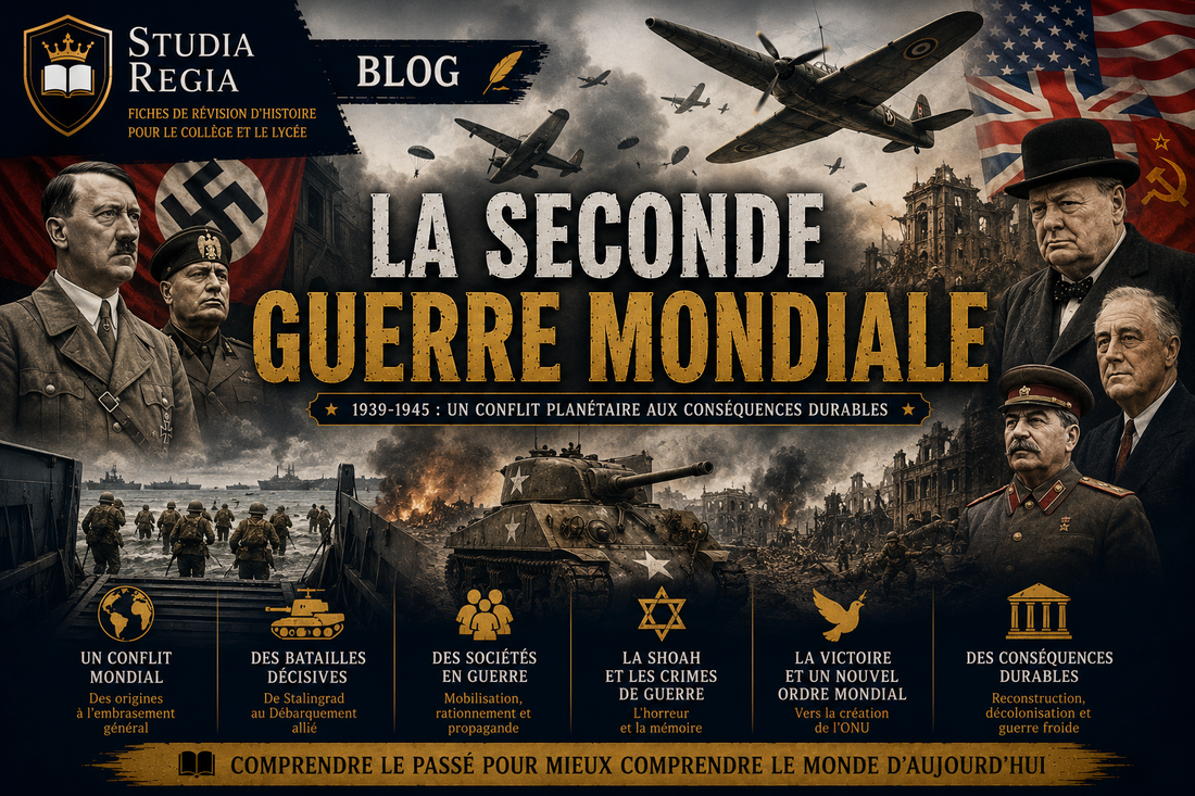 Affiche de blog historique sur la Seconde Guerre mondiale montrant dirigeants alliés et de l’Axe, débarquement, chars, avions et villes détruites dans un style cinéma ultra-réaliste.