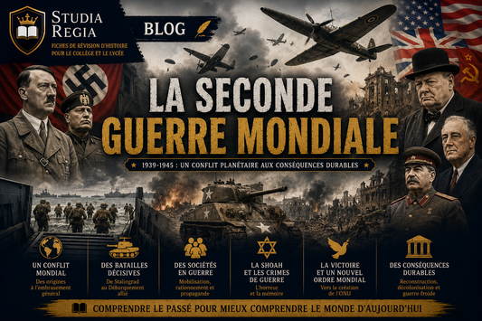 Affiche de blog historique sur la Seconde Guerre mondiale montrant dirigeants alliés et de l’Axe, débarquement, chars, avions et villes détruites dans un style cinéma ultra-réaliste.