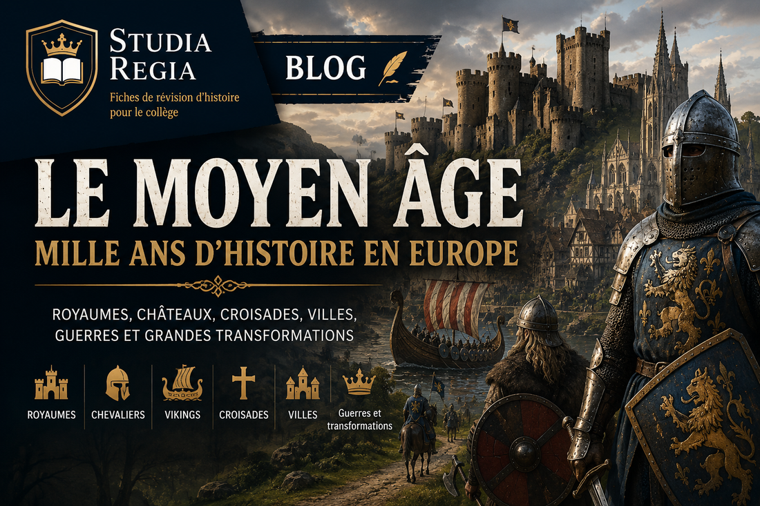 Le Moyen Âge en Europe : chevaliers, château fort, drakkar viking, ville médiévale et cathédrale illustrant mille ans d'histoire européenne.