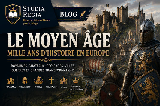 Le Moyen Âge en Europe : chevaliers, château fort, drakkar viking, ville médiévale et cathédrale illustrant mille ans d'histoire européenne.