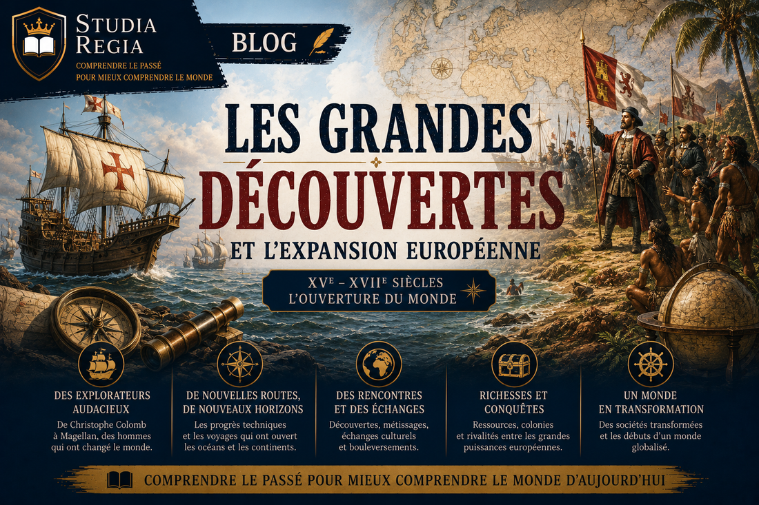 Affiche de blog historique sur les grandes découvertes et l’expansion européenne montrant caravelles, explorateurs européens, cartes maritimes et rencontres avec les peuples du Nouveau Monde dans un style cinéma ultra-réaliste.