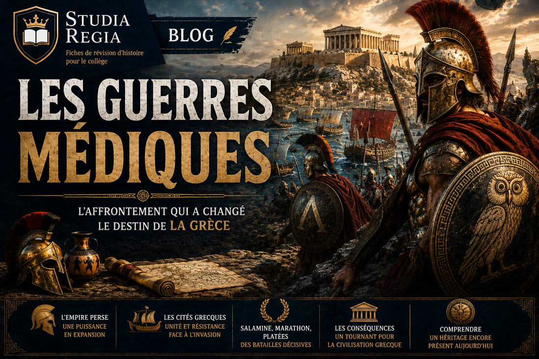 Affiche de blog historique sur les guerres médiques montrant des hoplites grecs, des navires antiques, Athènes et des scènes de bataille contre l’Empire perse dans un style cinéma ultra-réaliste.
