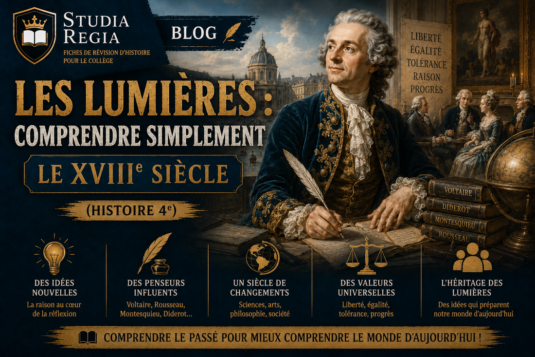Affiche de blog historique sur le siècle des Lumières montrant des philosophes du XVIIIe siècle, livres, bougies, salons intellectuels et architecture classique dans un style cinéma ultra-réaliste.