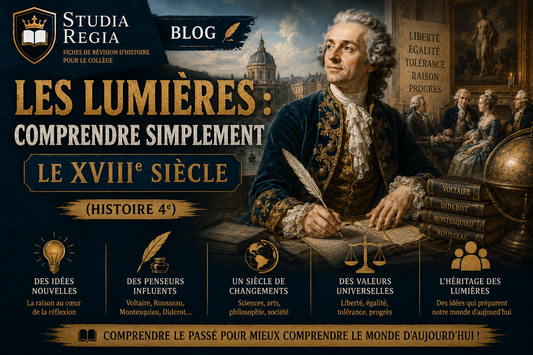 Affiche de blog historique sur le siècle des Lumières montrant des philosophes du XVIIIe siècle, livres, bougies, salons intellectuels et architecture classique dans un style cinéma ultra-réaliste.