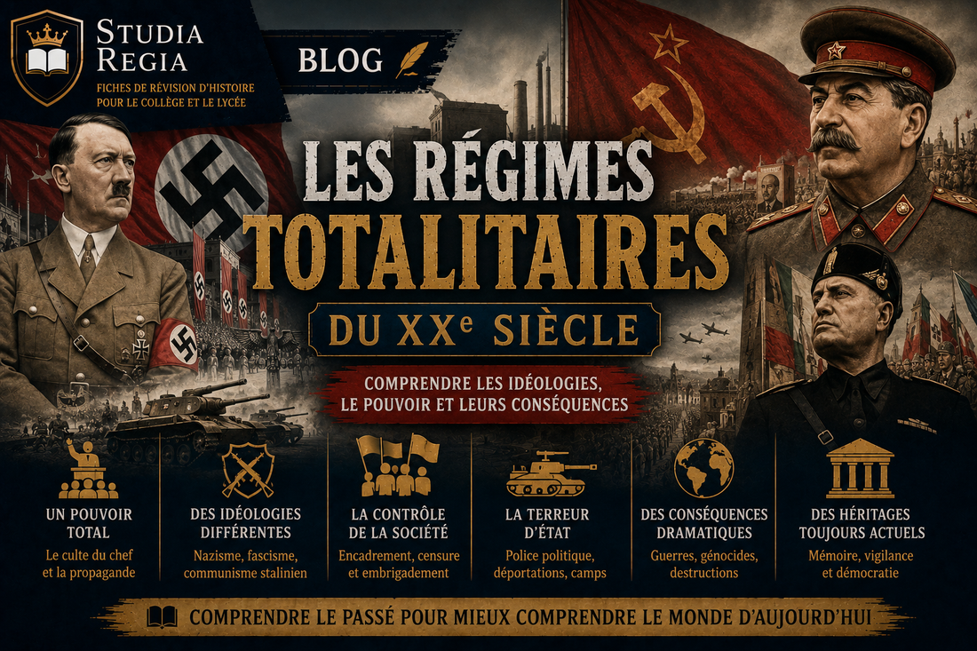 Affiche de blog historique sur les régimes totalitaires du XXe siècle montrant propagande, dictatures européennes, symboles politiques, chars et foules encadrées dans un style cinéma ultra-réaliste.