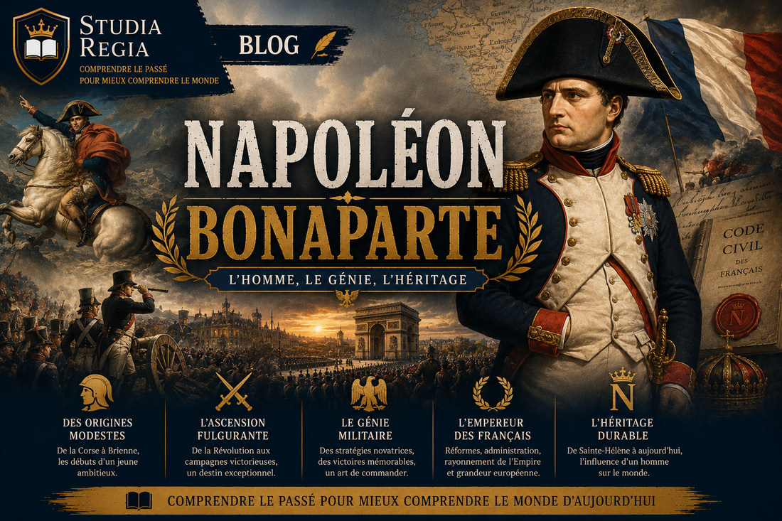 Affiche de blog historique sur Napoléon Bonaparte montrant l’empereur français, batailles napoléoniennes, drapeau français, Code civil et scènes de l’Empire dans un style cinéma ultra-réaliste.
