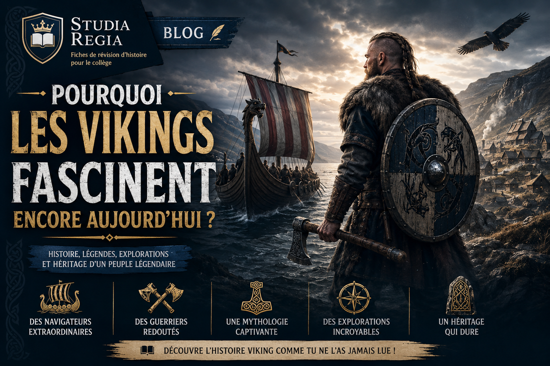 Affiche de blog historique sur les Vikings montrant un guerrier nordique, un drakkar en mer, un village scandinave et la mythologie viking dans un style cinéma ultra-réaliste.