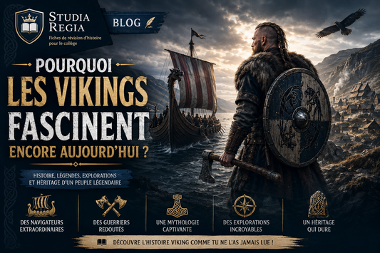 Affiche de blog historique sur les Vikings montrant un guerrier nordique, un drakkar en mer, un village scandinave et la mythologie viking dans un style cinéma ultra-réaliste.