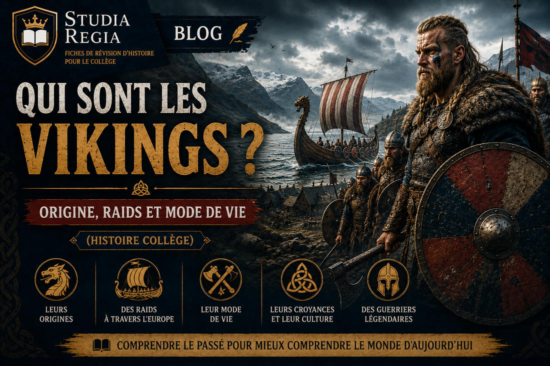 Affiche de blog historique sur les Vikings montrant des guerriers nordiques, un drakkar, un village scandinave et des paysages nordiques dans un style cinéma ultra-réaliste.