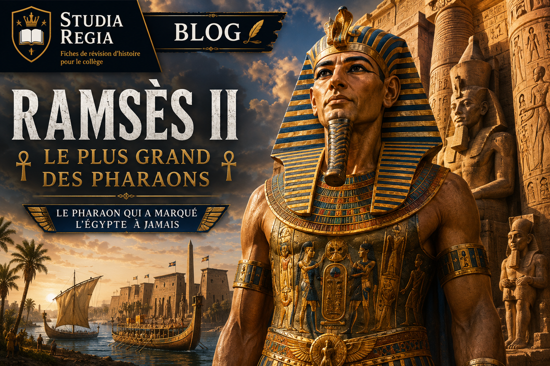 Ramsès II devant les temples monumentaux de l'Égypte antique et le Nil, illustrant la puissance du plus grand des pharaons du Nouvel Empire.