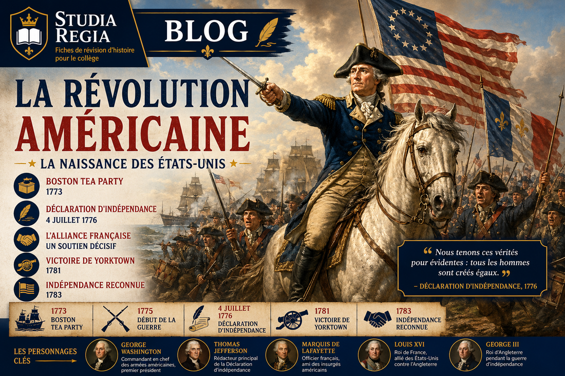 George Washington à cheval dirigeant les insurgés américains pendant la Révolution américaine, avec les drapeaux des États-Unis et les combats de la guerre d’indépendance en arrière-plan.